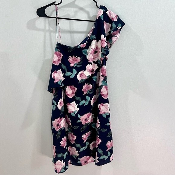 Molly Green one shoulder ruffle navy and pink floral dress w/ pockets size large - Picture 2 of 5